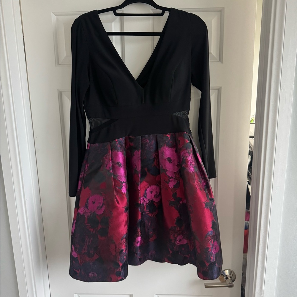 Xscape Black and Pink Floral Long Sleeve holiday/Christmas Dress! Stunning on!